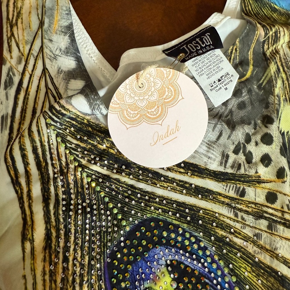 Jostar Sz XL Tan Multicolor Rhinestone‎ Studded Peacock Polyester Spandex Dress - Picture 2 of 8